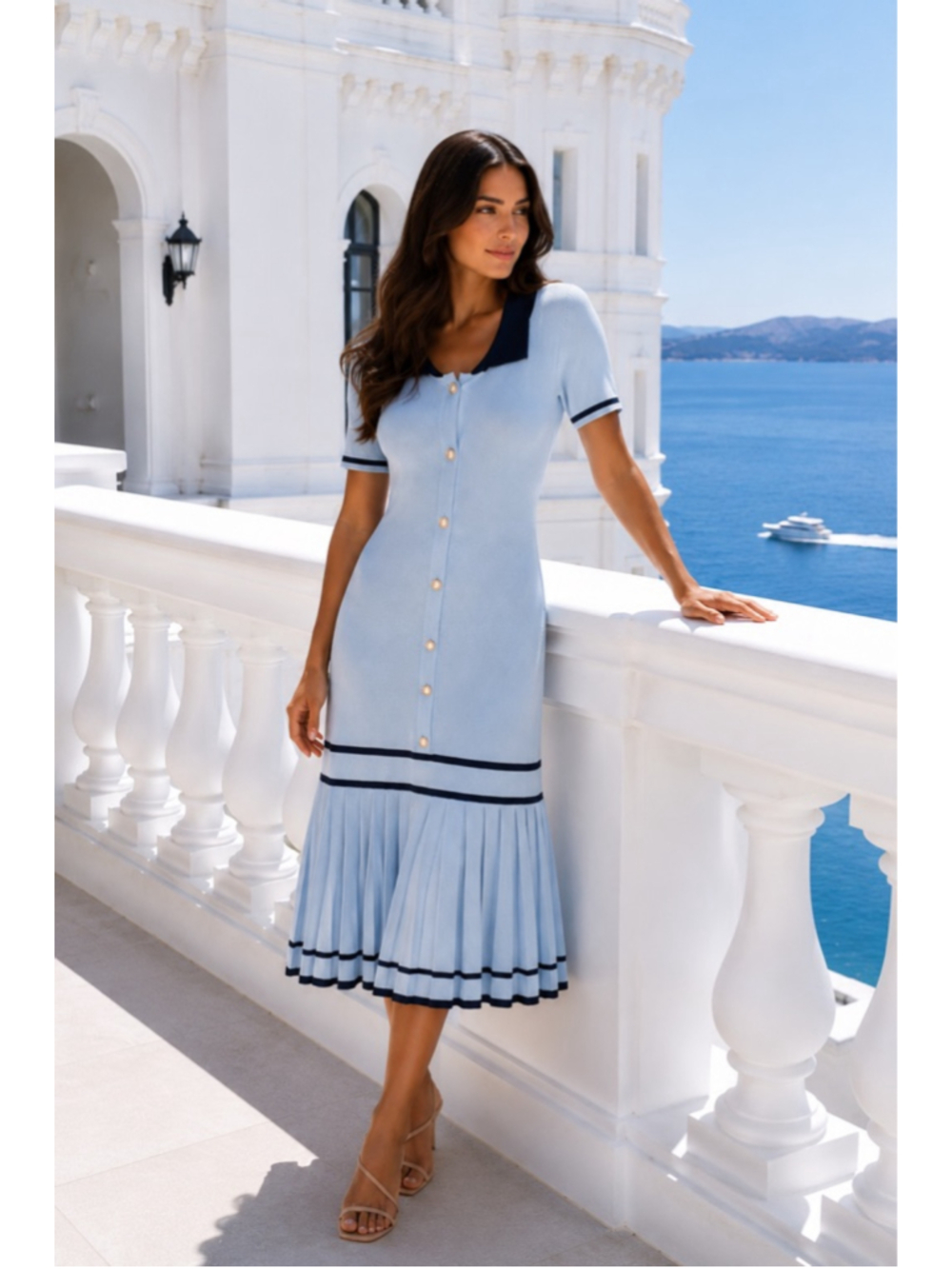 Alexia Admor Pleated Knit Midi Dress L Coastal Quiet Luxury Parisian Old Money